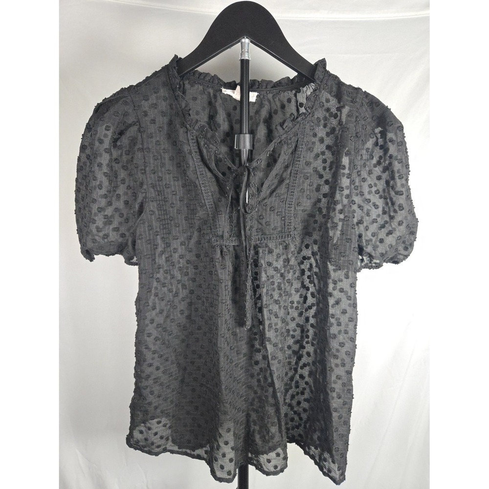 Black Swiss Dot Sheer Peasant Top Sz M Puff Sleeve Whimsigoth‎ Dark Academia